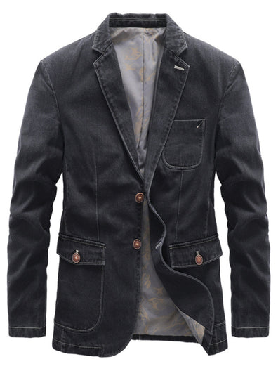 Lapel Collar Knit Denim Jacket with Long Sleeves